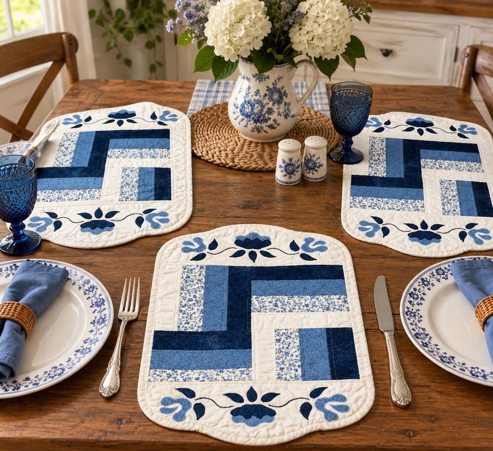 Set of 3 Blue & White Quilted Placemats Folk Art Floral Appliqué Country Cottage